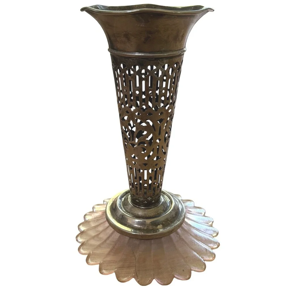Godinger Filigree Vase Vintage Silver Plated Pink Glass Fluted Base 9.5in